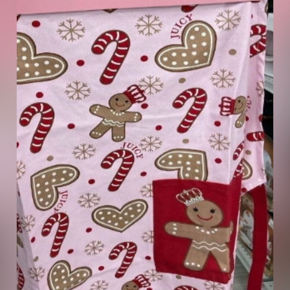 Juicy Couture Pink/Red Gingerbread Man Printed Cotton Twill Apron - Picture 3 of 6